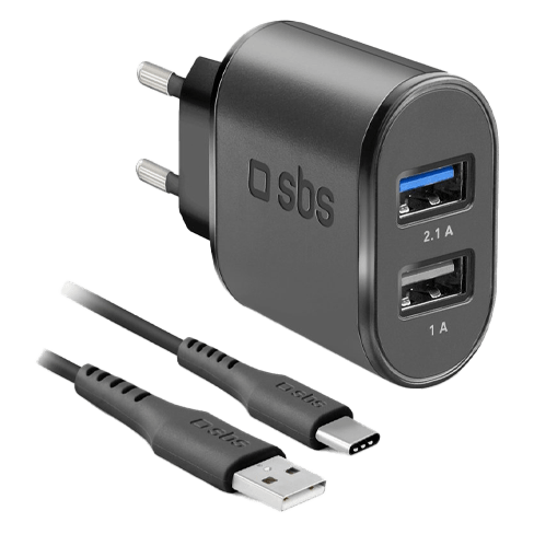 SBS Travel Charger 2xUSB 2.1 A Type-C Cable