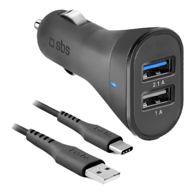 Car Charger 2100mAh 2xUSB+Type-C Cable By SBS Black | Bite