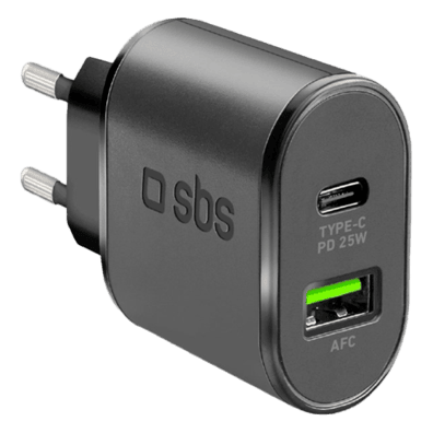 Travel Charger USB Type-C PD 25W + USB AFC By SBS Black | Bite